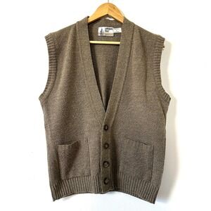 VTG London Fog Cardigan Sweater Vest Brown Knit Pockets USA L Grandpacore